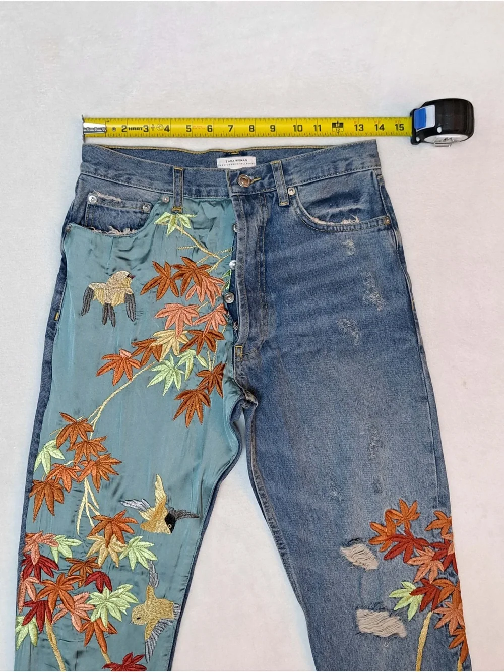 Zara Premium High-waist Cropped Denim and Satin Embroidery Panel Jeans